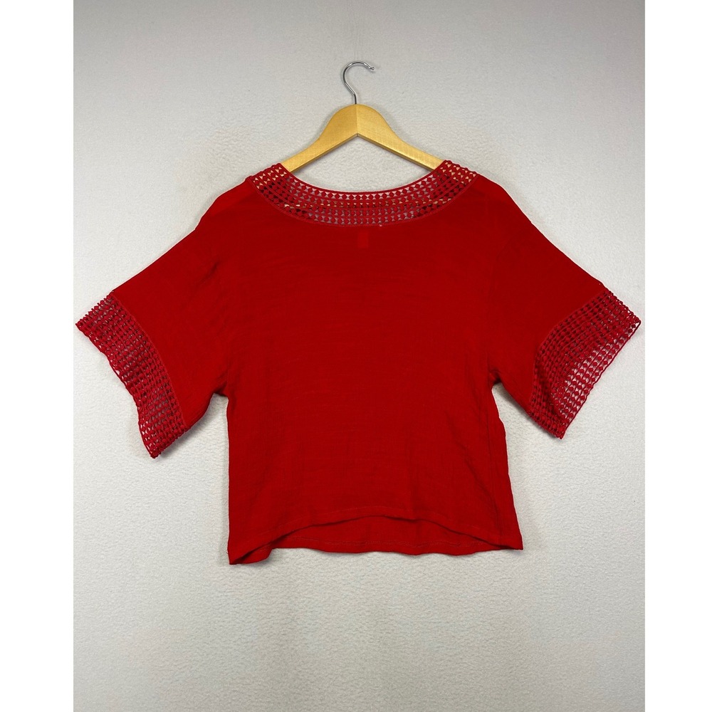 Boho Festival Maria Gabrielle Women M Red Crochet Trim Textured Boxy Blouse